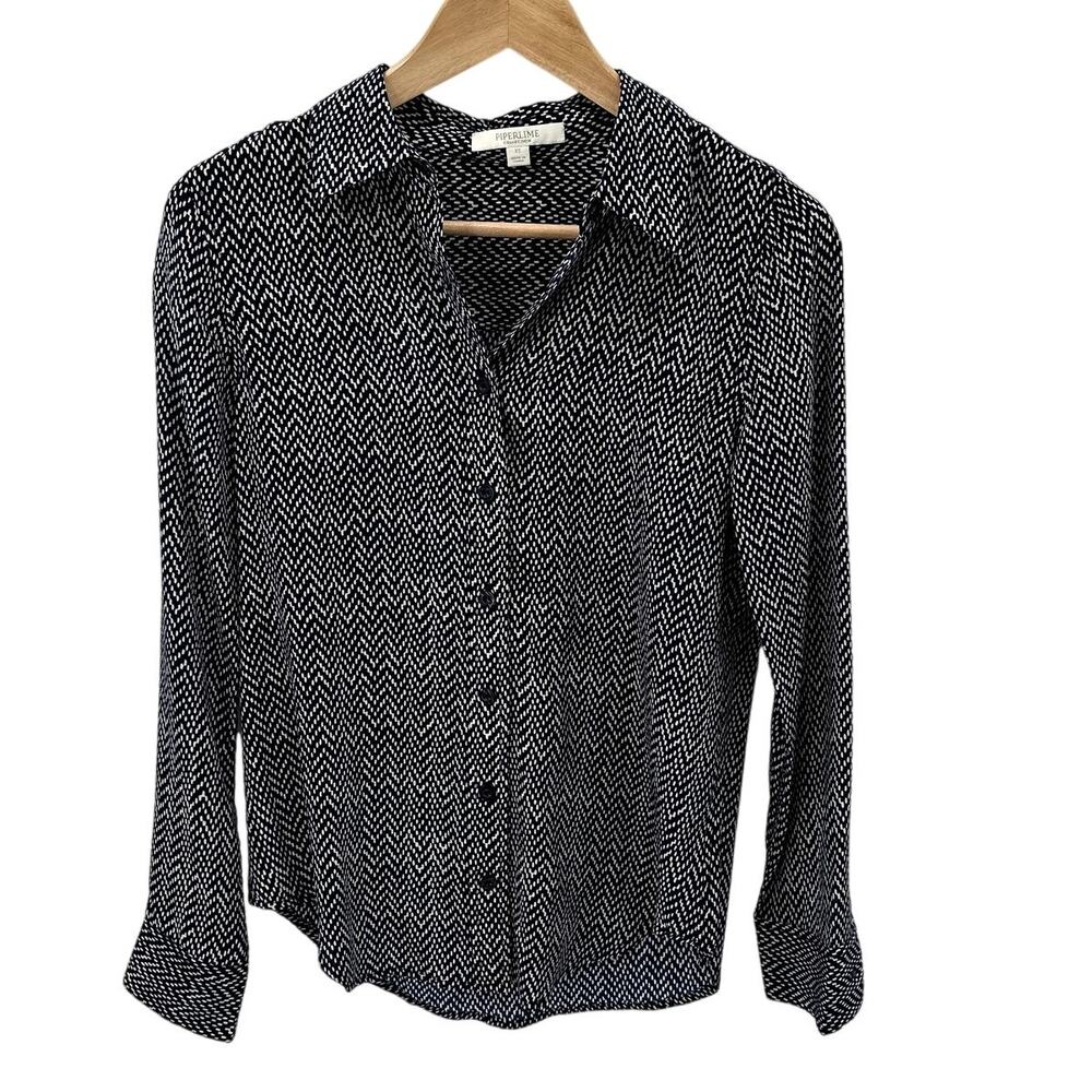 PIPERLIME Herringbone Collared Button Down Shirt Navy White // XS